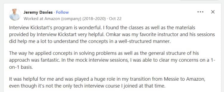 What Jeremy Davies had to say about Interview Kickstart